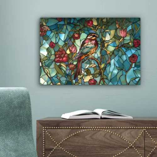 Vogel - Tak - Rozen - Mozaïek canvas 2cm klein -sfeer4