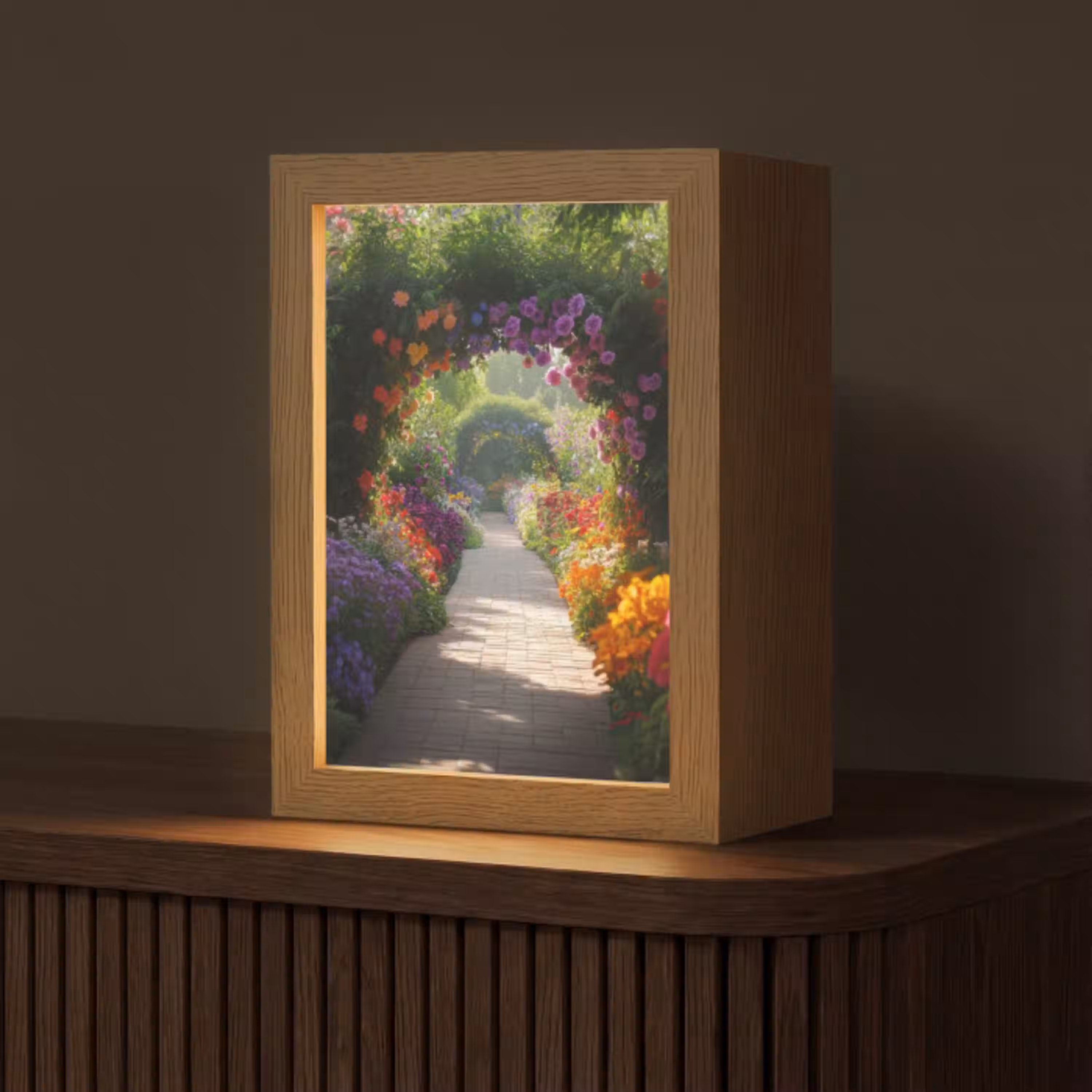 Doorkijk - Pad - Bloemen - Struik - Kleurrijk Light Box met kabel (Tafellamp) klein -z3d_website