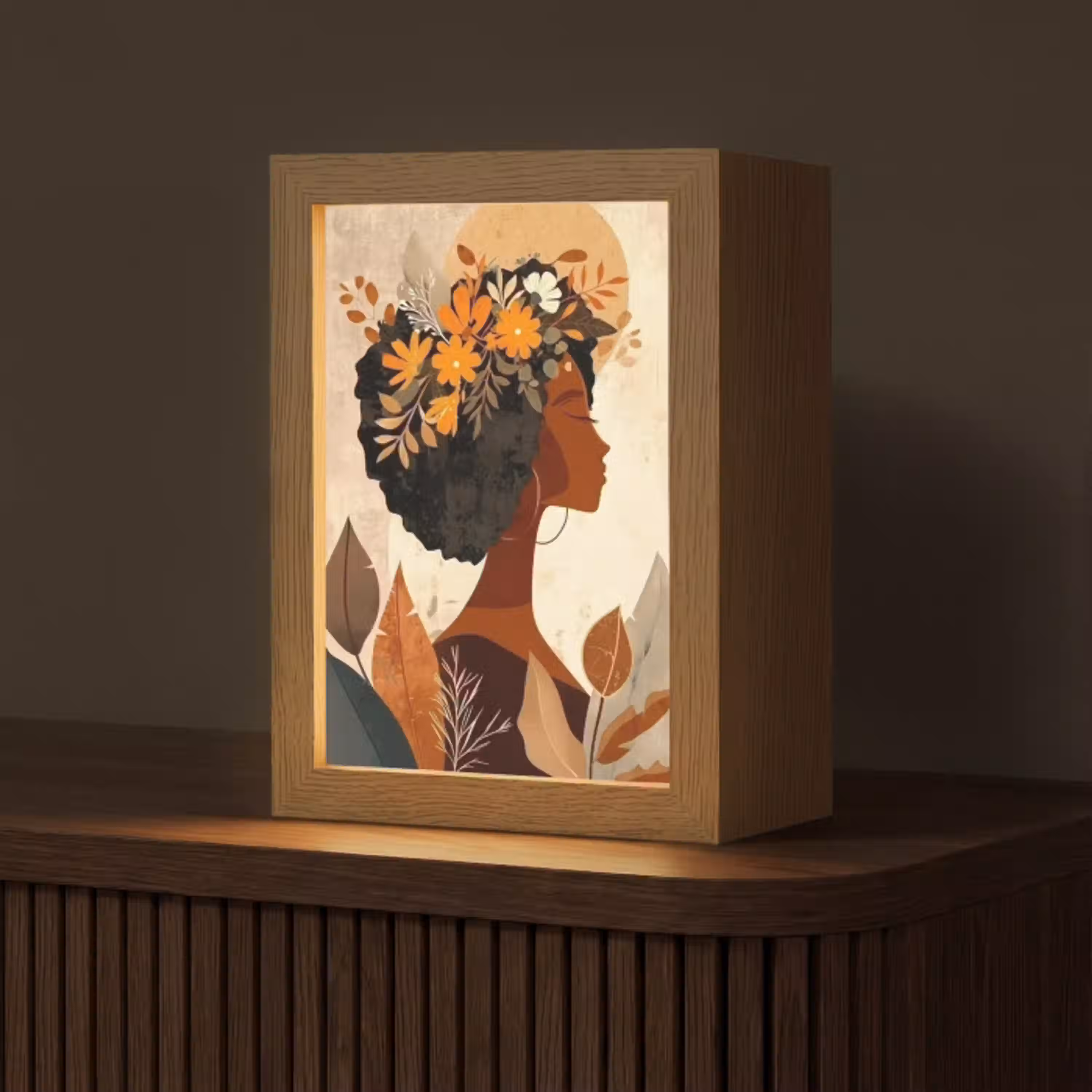 Vrouw - Krullen - Bloemen - Beige Light Box met kabel (Tafellamp) klein -z3d_website