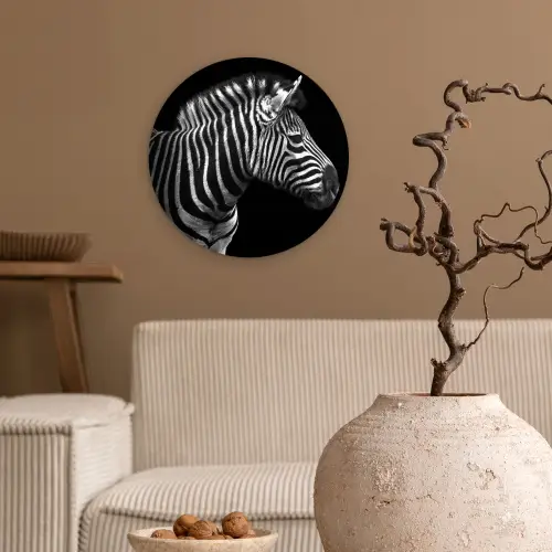 Zebra - Zwart - Wit - Portret - Dieren Wandcirkel kunststof plaat 5mm dik klein -sfeer1