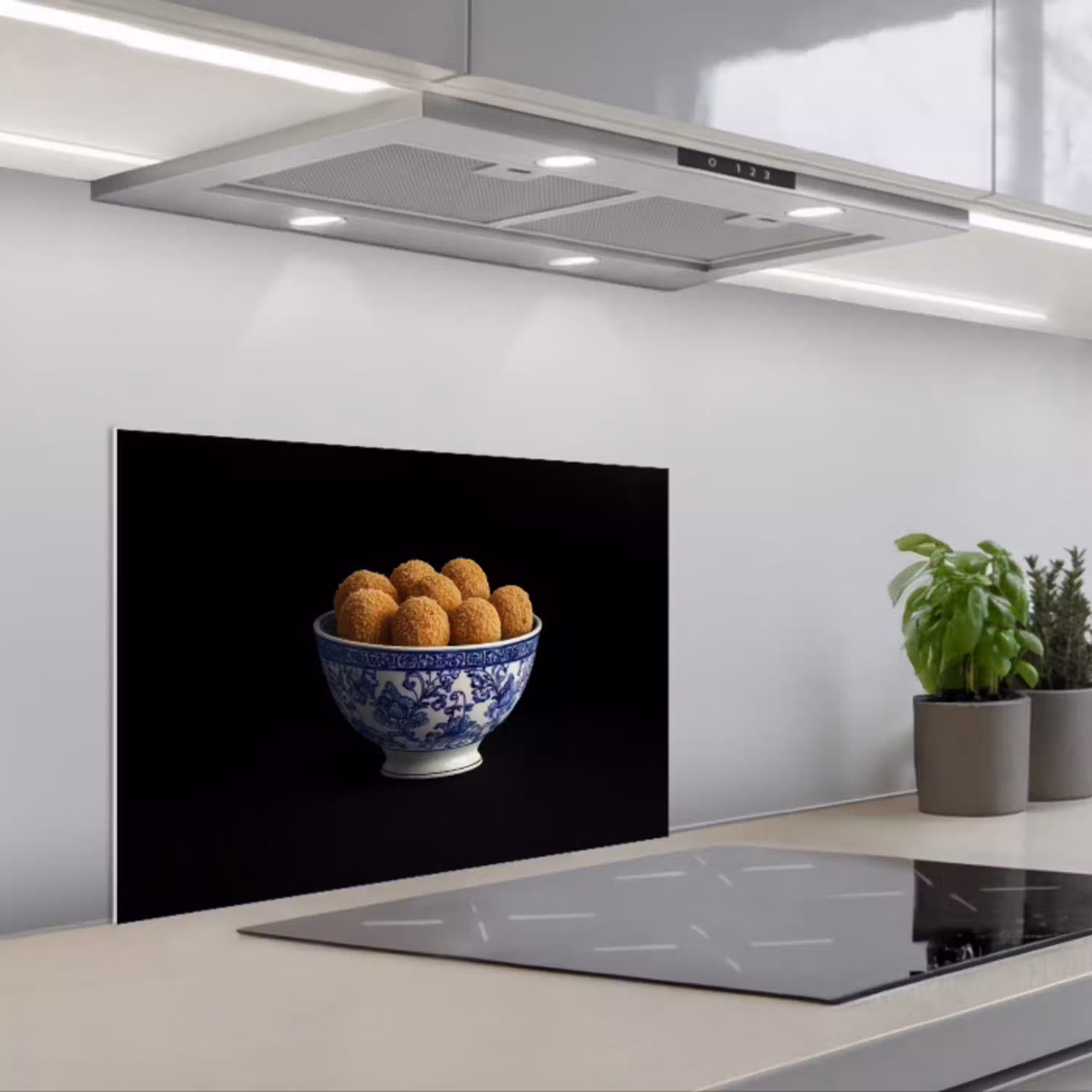 Delfts blauw - Bitterballen - Holland - Schaal keuken achterwand spatscherm klein -3d_schuin