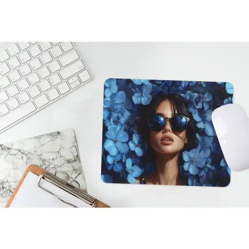 Vrouw - Blauw - Bloemen - Vlinders - Natuur muismat rubber klein -witbureau