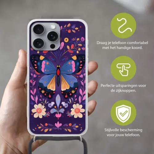 Sierlijk - Bloemen - Vlinder - Paars Hoesje iPhone 16 Pro Max met koord klein -sfeer2_NL