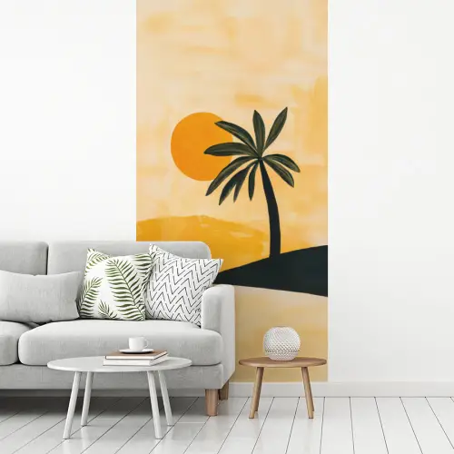 Illustratie - Palmboom - Zon - Heuvels fotobehang vinyl groot -woonkamer