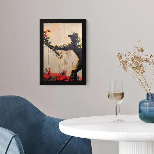 Street art - Man - Bloemen - Rood - Graffiti - Banksy fotolijst zwart zonder passe partout klein -sfeer4