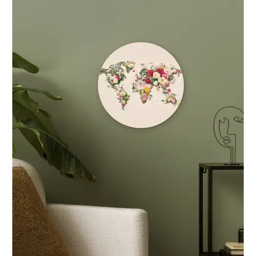 Wereldkaart - Bloemen - Roze Wandcirkel plexiglas klein -sfeer3
