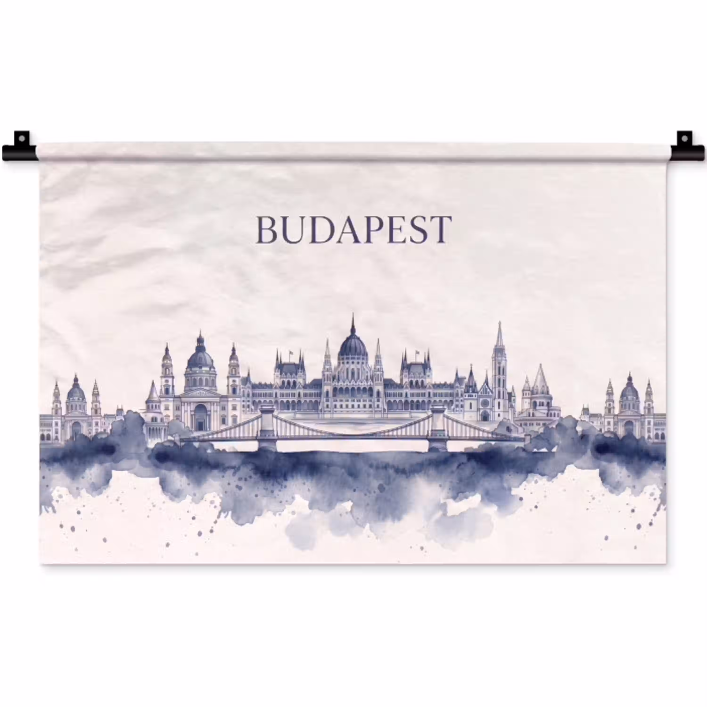 Boedapest - Skyline - Architectuur - Aquarel - Blauw Wandkleed katoen klein -zz3d