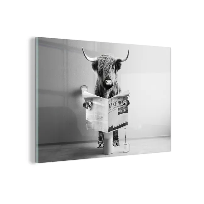 Glas schilderij - WC - Toilet - Krant - Schotse Hooglander - Zwart Wit