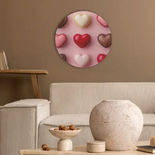Macarons - Hartjes - Kleurrijk - Roze Akoestische PET Vilt - Rond klein -sfeer1