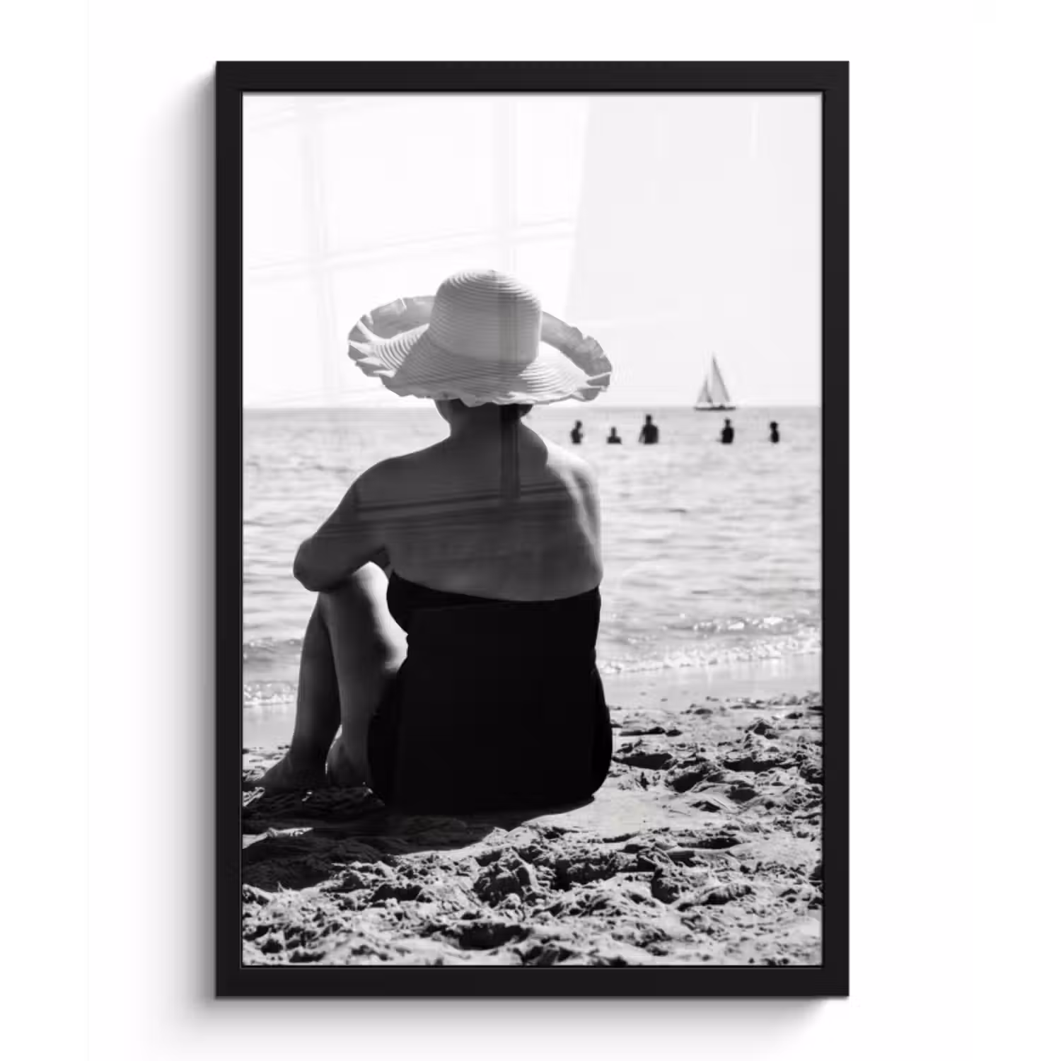 Poster met lijst - Vrouwen - Zonnehoed - Strand - Zwart - Wit