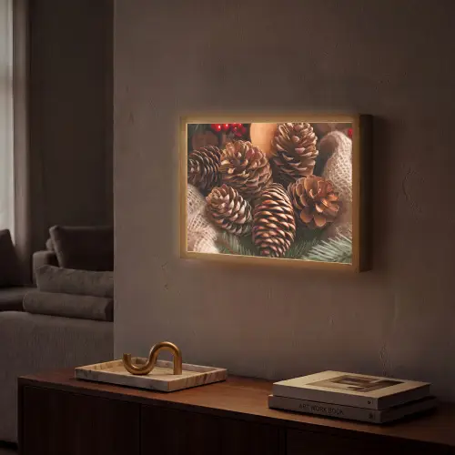 Dennenappels - Boom - Winter - Natuur - Bruin Light Box met batterij (Wandlamp) middel -sfeer1