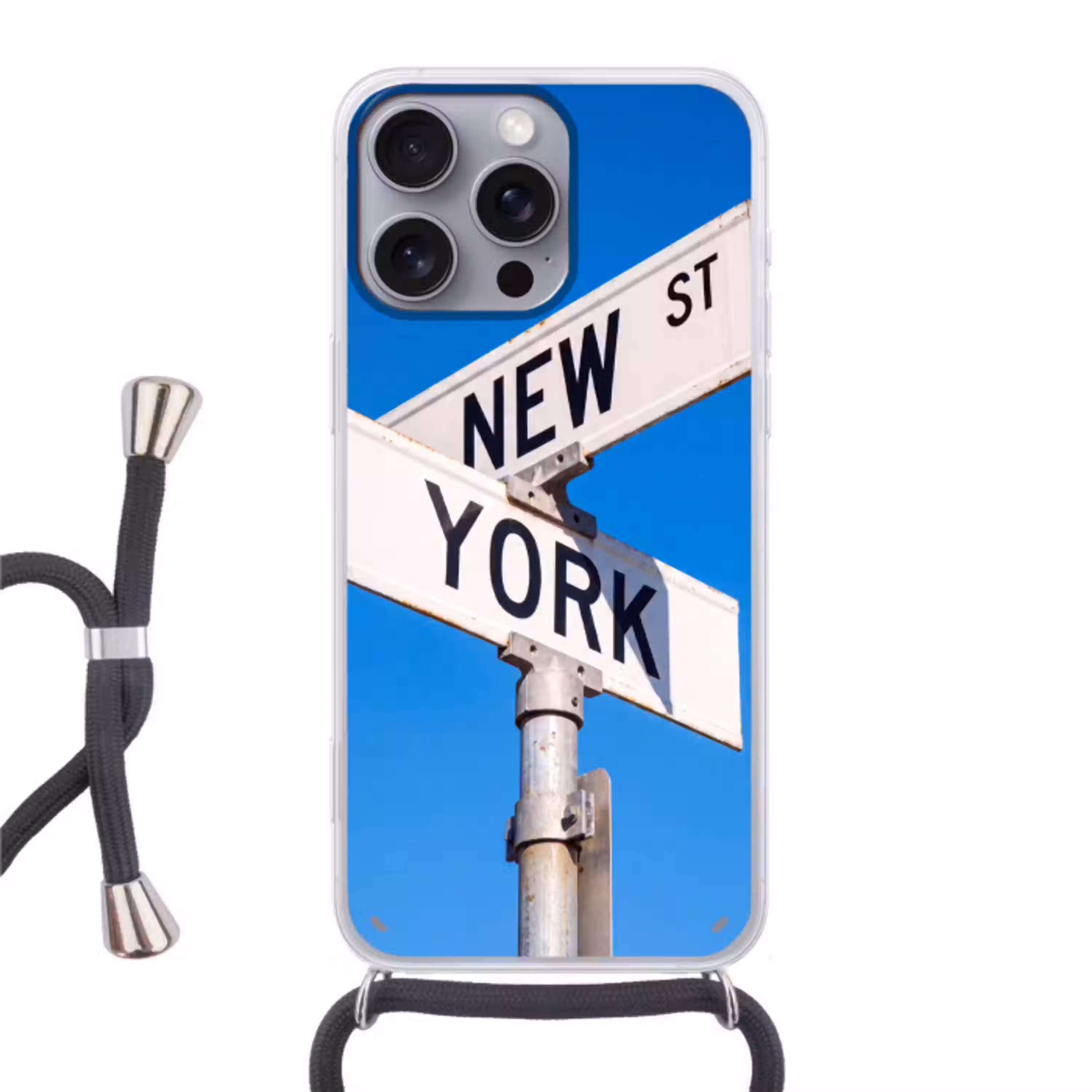 New York - Straatbord - Stad - Urban - Blauw Hoesje iPhone 16 Pro Max met koord klein -3d
