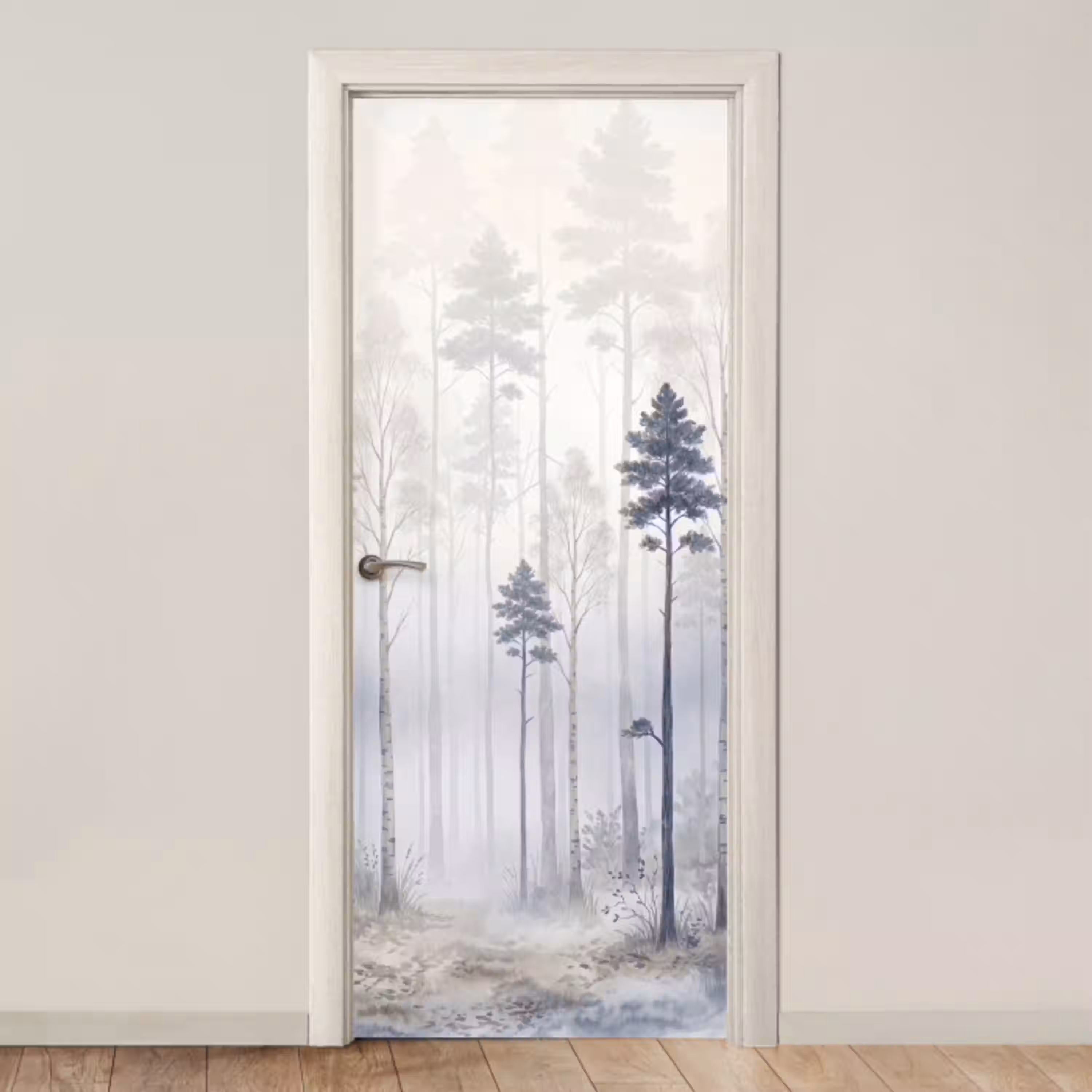 Bos - Bomen - Mist - Natuur - Illustratie - Grijs deurposter klein -3d_beige