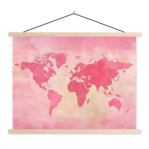 Wereldkaart - Roze - Vaag textielposter latten blank klein -3d