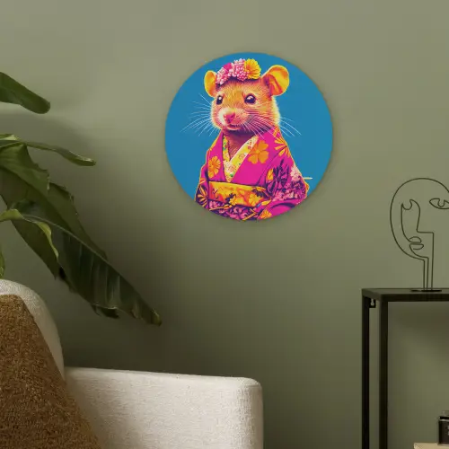 Muis - Kimono - Bloemen - Blauw Akoestische PET Vilt - Rond klein -sfeer2