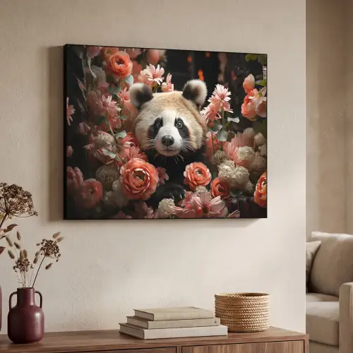 Panda - Dier - Bloemen - Natuur - Botanisch Textielframe zwart klein -sfeer3