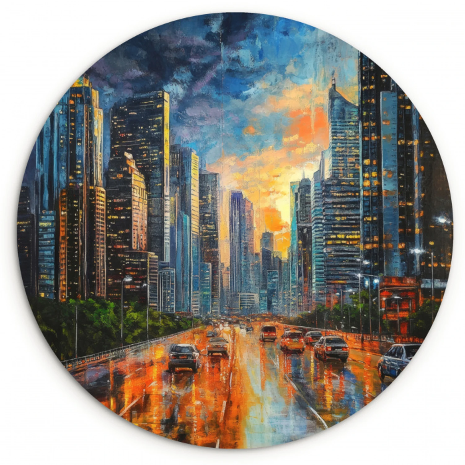 Auto - Skyline - Zon - Blauw Wandcirkel kunststof plaat 5mm dik klein -3d