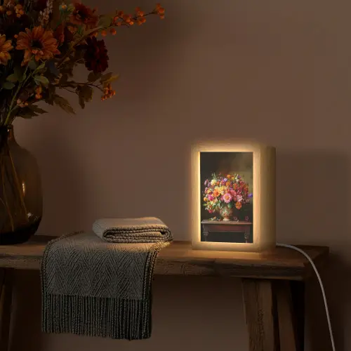 Kleuren - Boeket - Vaas - Hout Light Box met kabel (Tafellamp) klein -sfeer4