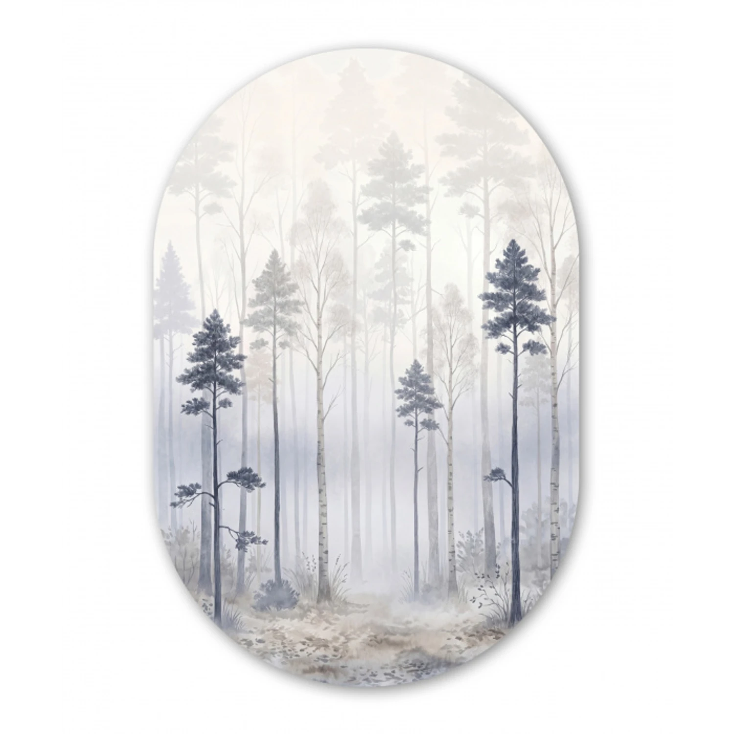 Bos - Bomen - Mist - Natuur - Illustratie - Grijs Wandcirkel Ovaal Forex klein -3d