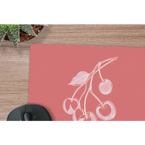 Lijnillustratie - Kersen - Tak - Wit muismat rubber klein -closeup
