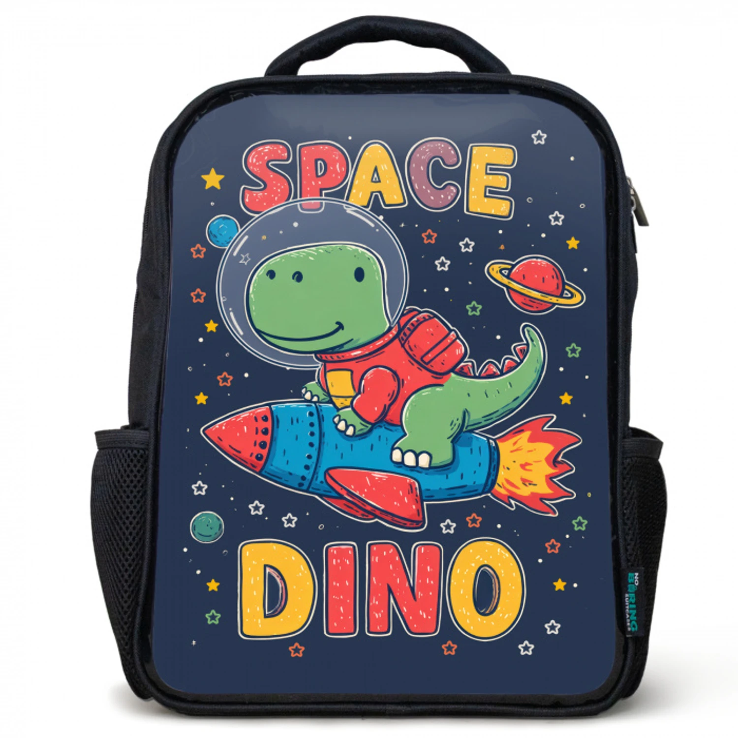 Dino - Raket - Kleurrijk Rugzak - Zwart middel -3d