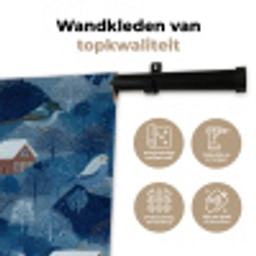 Huisjes - Vogels - Sneeuw - Winter - Blauw Wandkleed katoen klein 269 -sfeer2