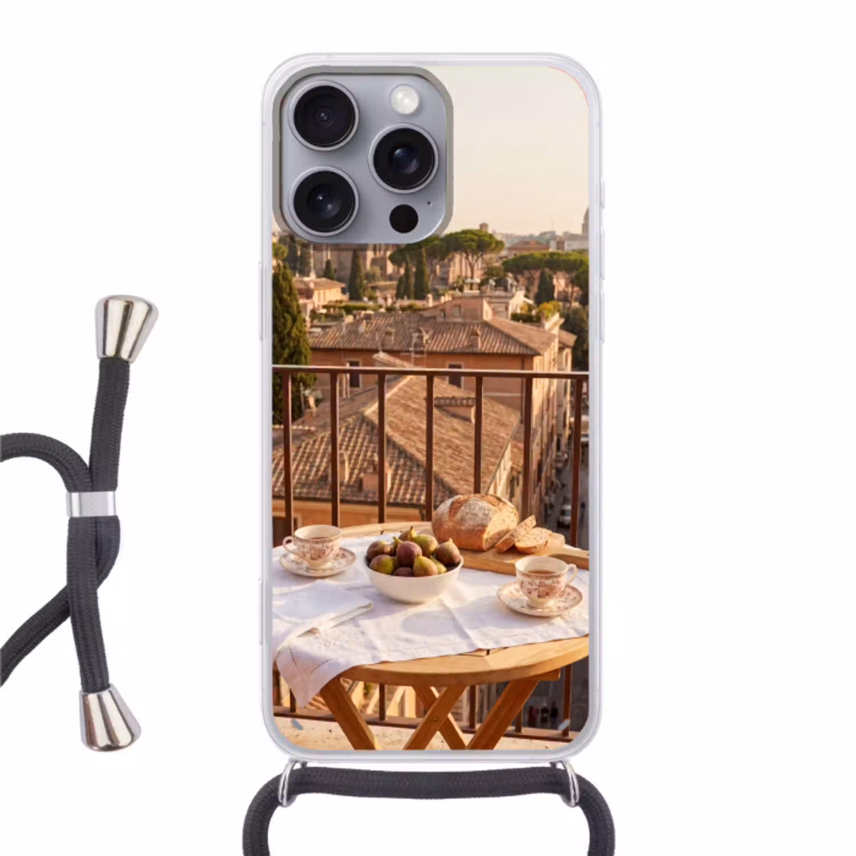 Eten - Ontbijt - Balkon - Stad - Zonsopgang Hoesje iPhone 16 Pro Max met koord klein -3d