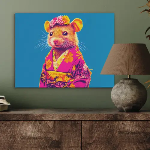 Muis - Kimono - Bloemen - Blauw PET vilt klein -sfeer2