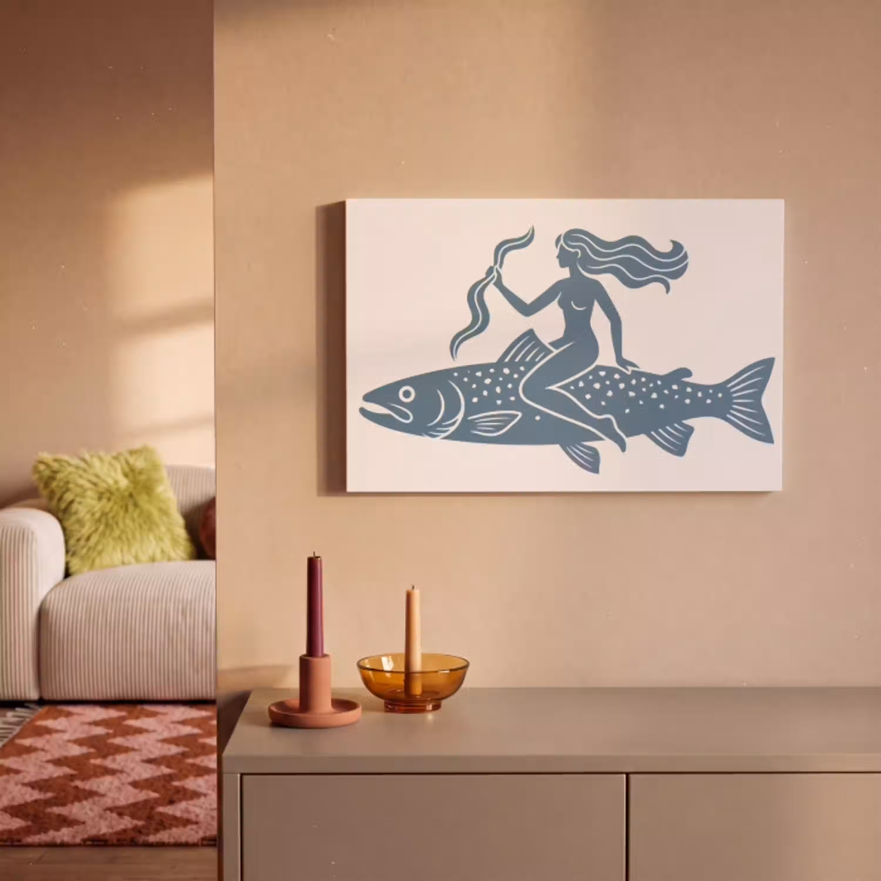 Vrouw - Vis - Fantasie - Abstract - Blauw canvas 2cm klein -sfeer1