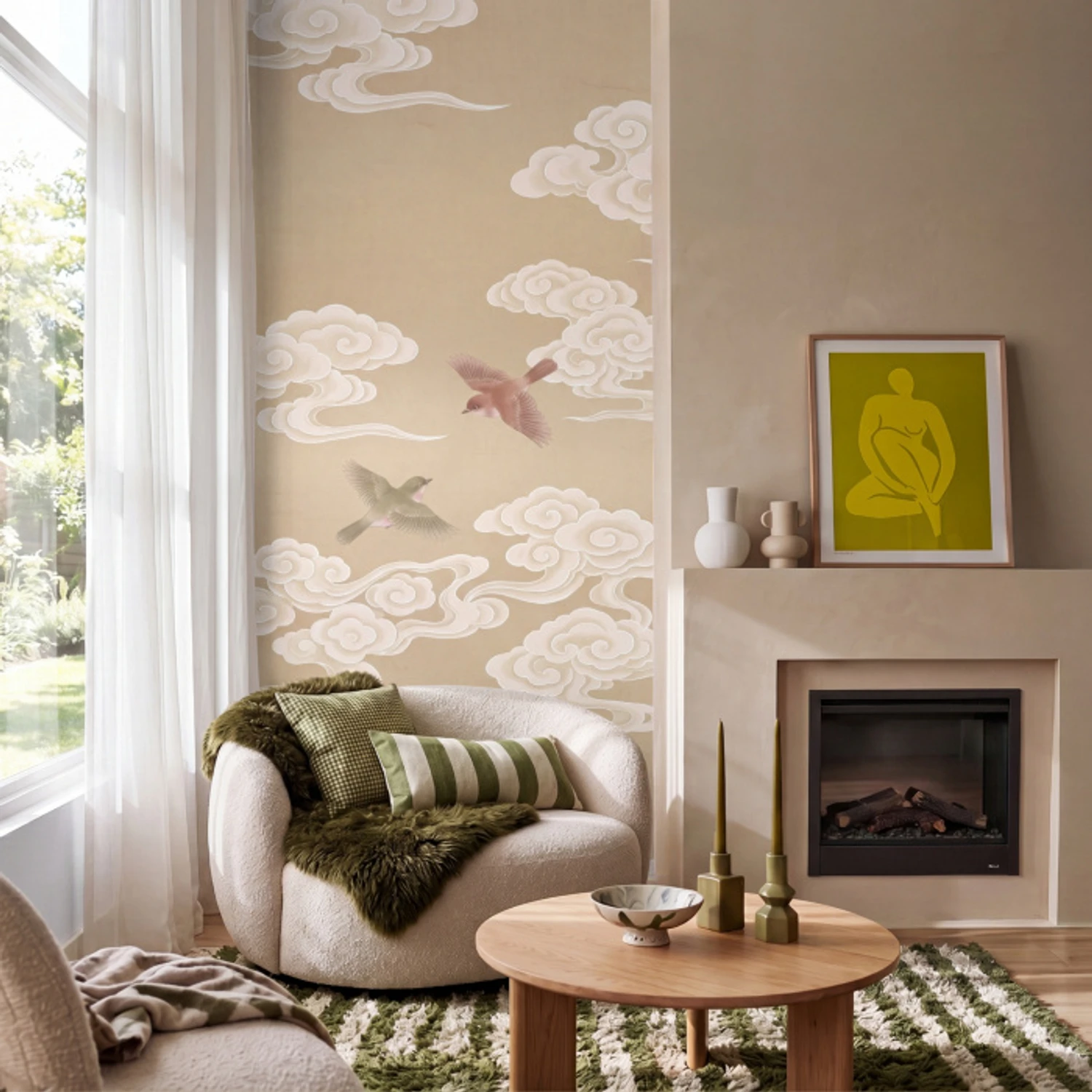 Vogels - Vliegen - Beige Behang Vlies klein -sfeer2