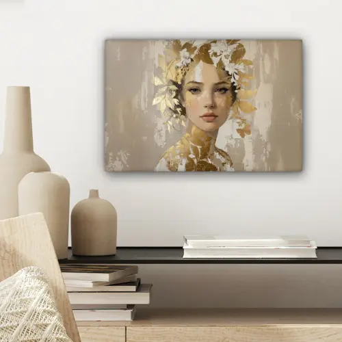 Gezicht - Vrouw - Bladeren - Goud canvas 2cm klein -sfeer6