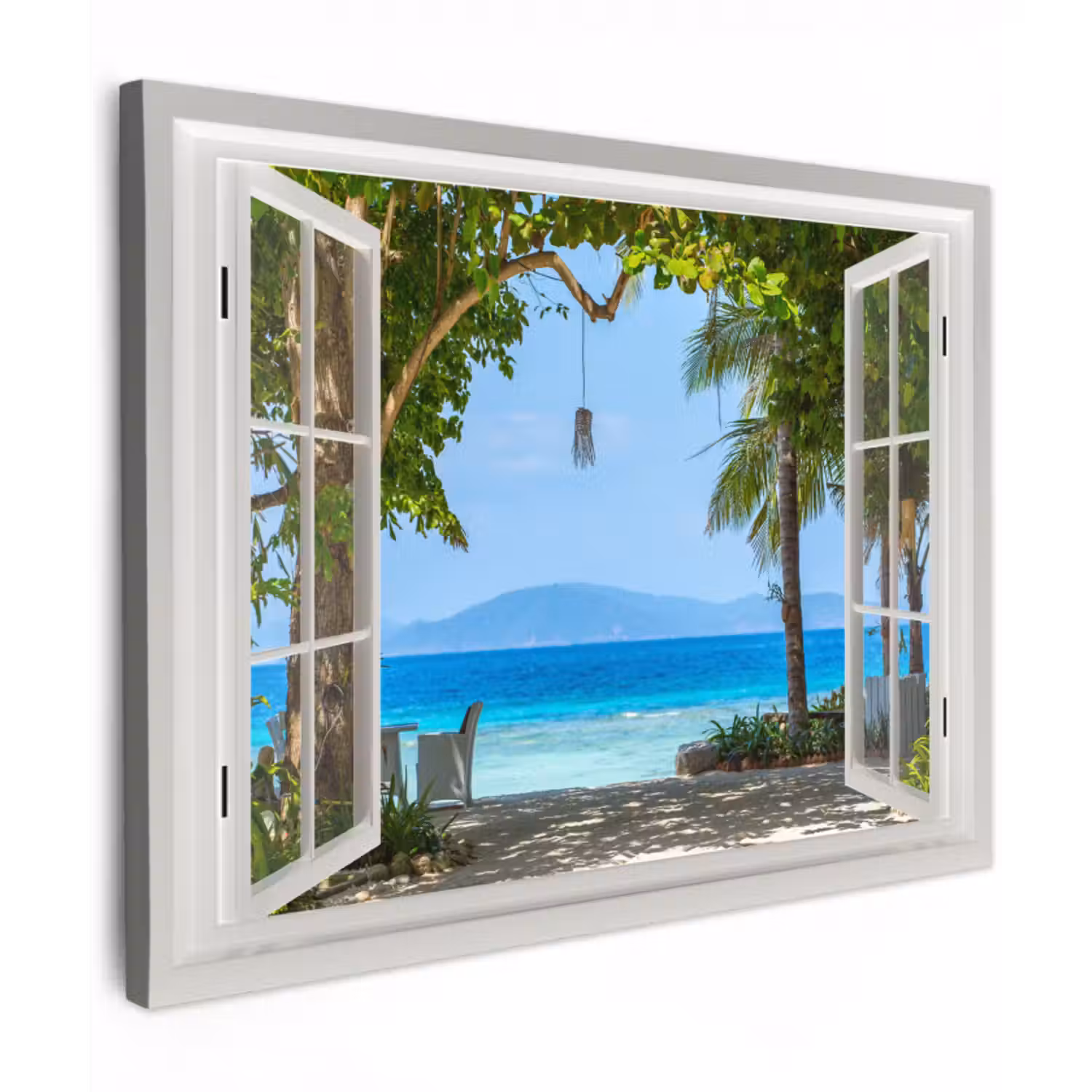 Canvas schilderij - Doorkijk - Boom - Zee - Palmboom - Heuvels - Strand - Blauw