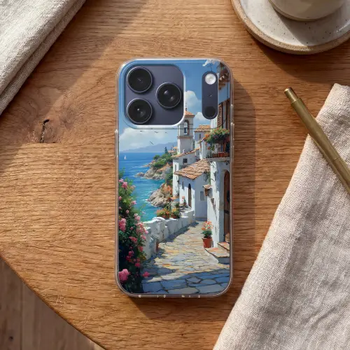 Huizen - Zee - Bomen - Bloemen Telefoonhoesje iPhone 17 Pro klein -sfeer1
