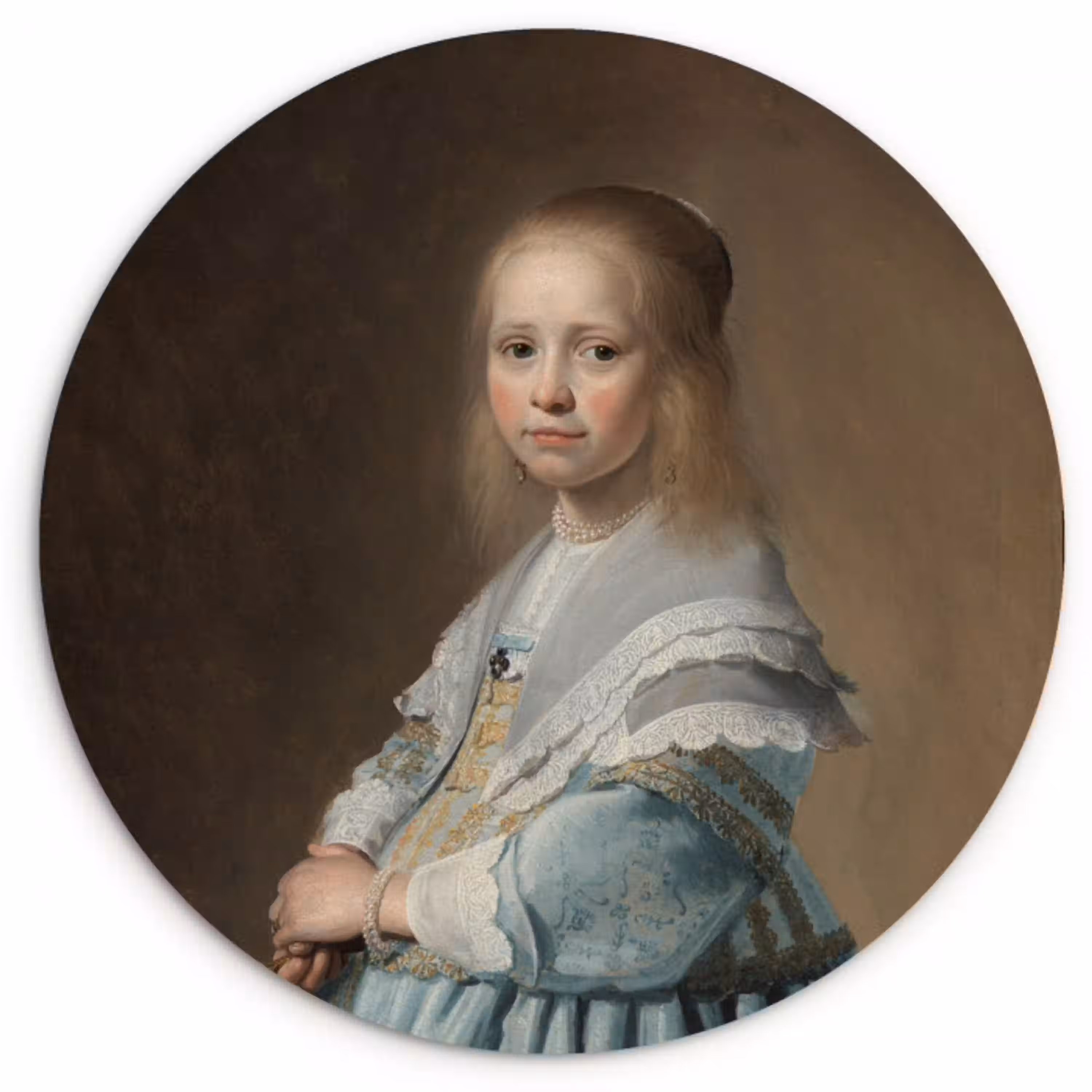 Portret van een meisje in het blauw - Schilderij van Johannes Cornelisz. Verspronck Wandcirkel kunststof plaat 5mm dik klein -3d