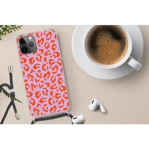 Panterprint - Rood - Paars - Roze - Dierenprint Hoesje iPhone 12 Pro met koord klein -oordop