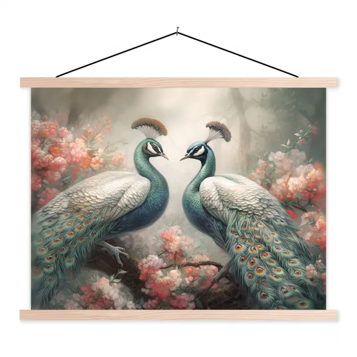Pauwen - Pauwenveren - Vogels - Bloemen - Natuur textielposter latten blank klein -3d