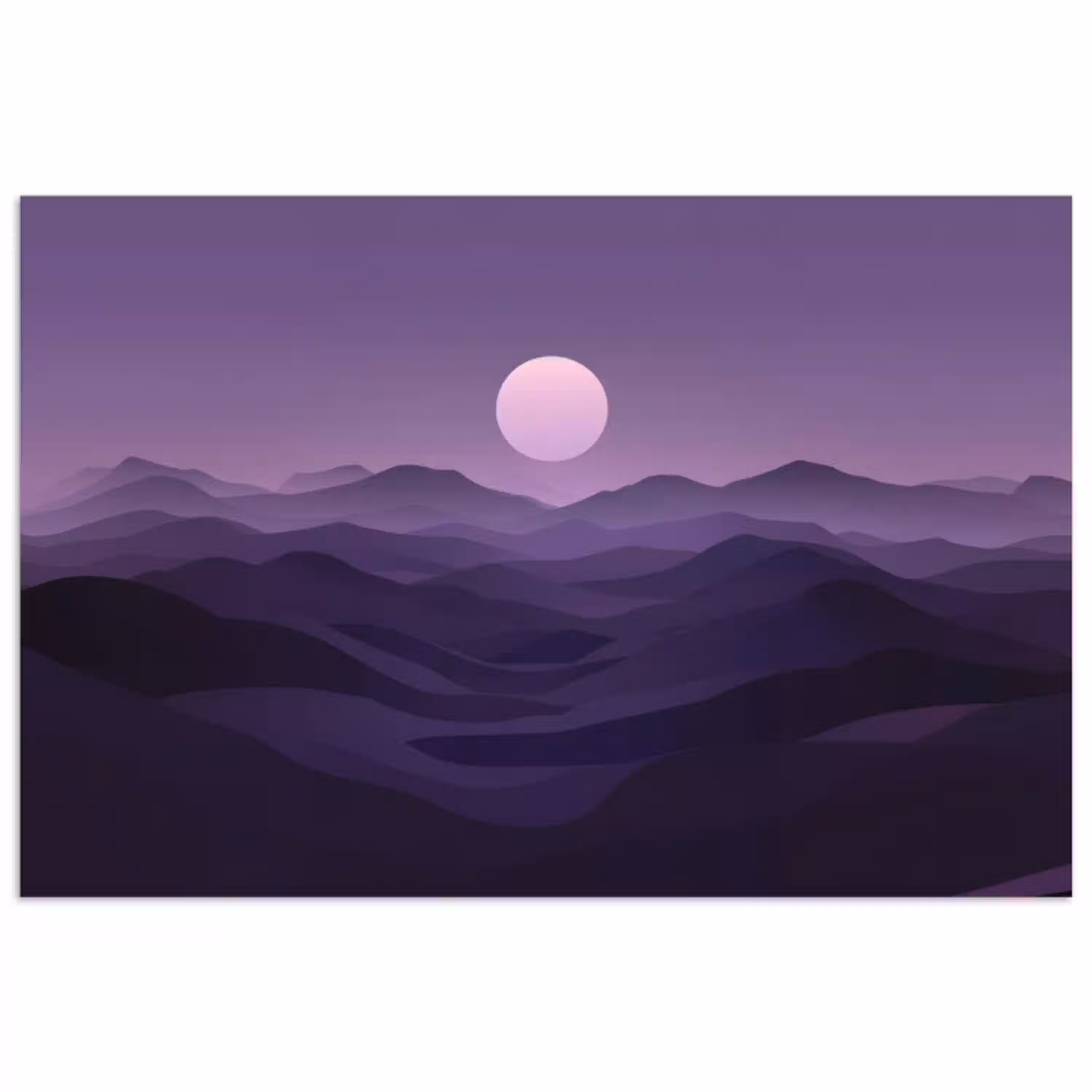 Heuvels - Paars - Mist - Zon poster papier klein -3d