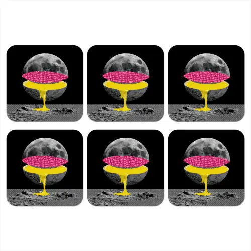 Maan - Geel - Roze - Zwart onderzetter kurk middel -3d