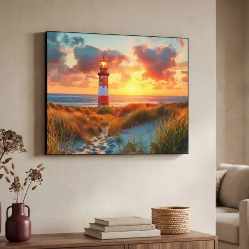 Vuurtoren - Zonsondergang - Duinen - Horizon Textielframe zwart klein -sfeer3