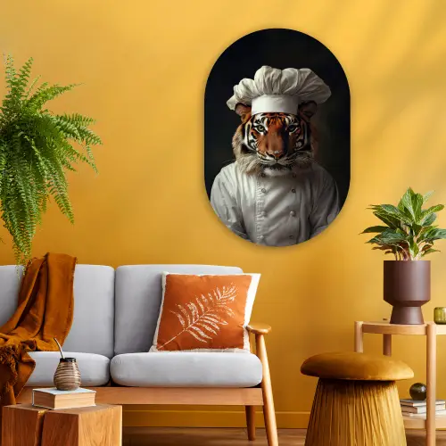 Tijger - Kokskleding - Bruin Wandcirkel Ovaal Glas middel -sfeer4