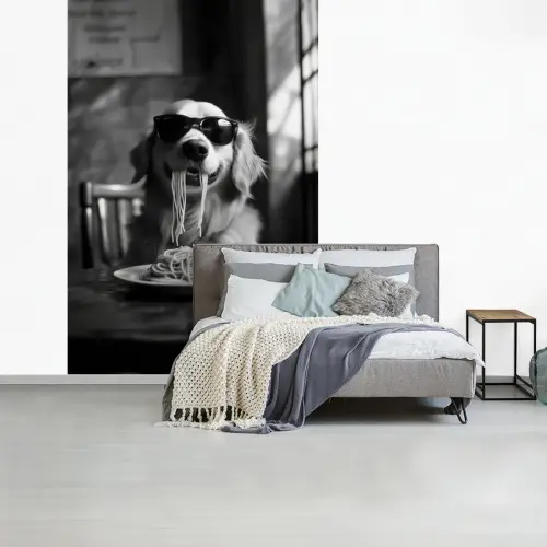 Golden Retriever - Hond - Vrolijk -  Bord spaghetti - Zwart - wit fotobehang vinyl groot -slaapkamer