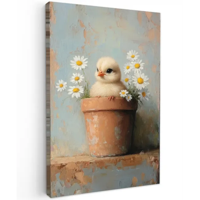 Bloempot - Kuiken - Bloemetjes Tuinposter op houten frame 2 cm dik klein -3d