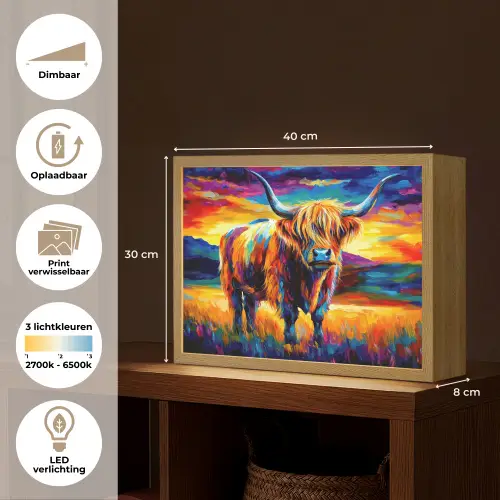 Schotse hooglander - Kunst - Koe - Dieren - Landschap Light Box met batterij (Wandlamp) middel -USP_websiteoverzichtNL