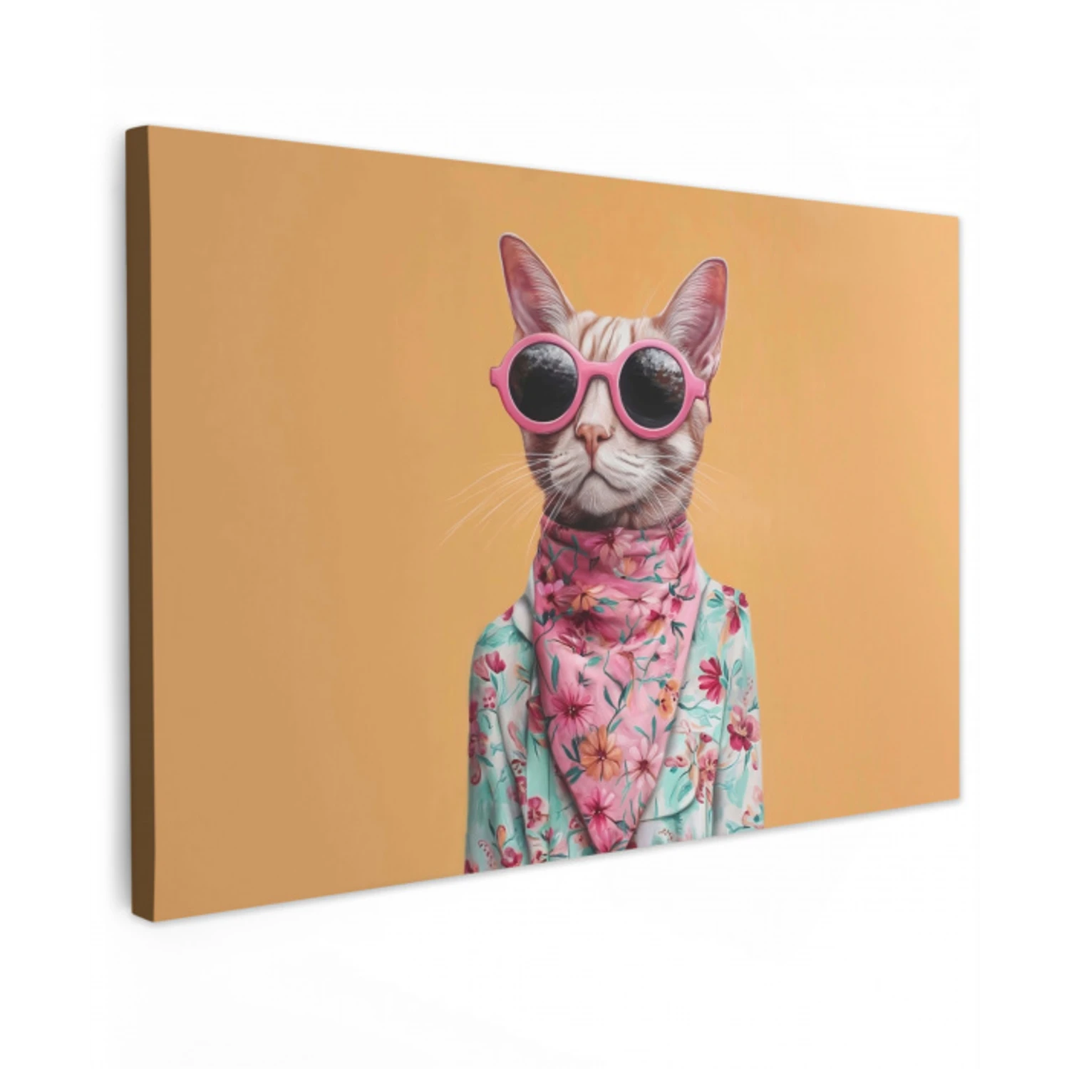 Zonnebril - Kat - Sjaal - Bloemen Tuinposter op houten frame 2 cm dik klein -3d