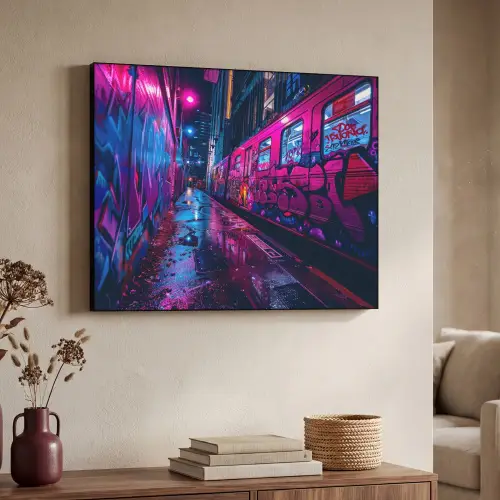 Stad - Neon -  Nacht - Roze - Graffiti Textielframe zwart klein -sfeer3
