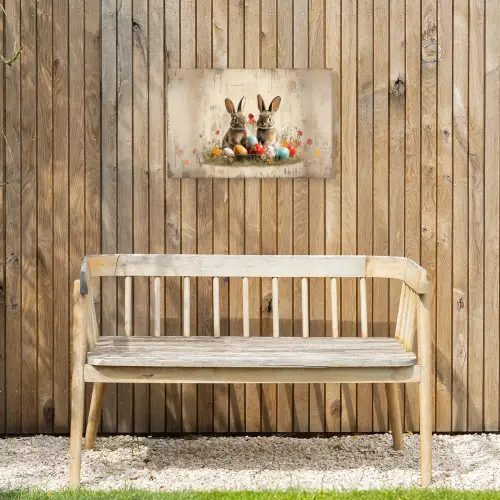 Konijnen - Bloemen - Eieren Tuinposter op houten frame 2 cm dik klein -sfeer4