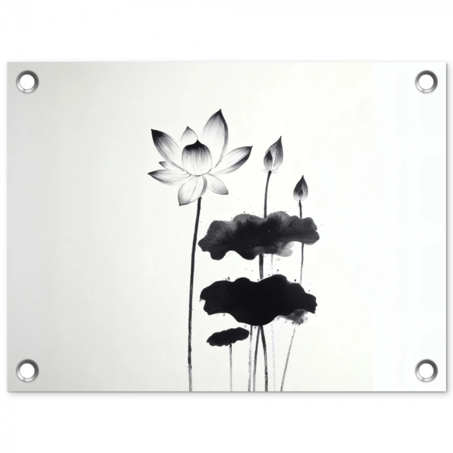 Bladeren - Zwart - Lotusbloem - Minimalitisch tuinposter los doek klein -3d