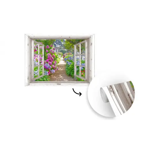 Hortensia - Doorkijk - Bloemen - Zomer - Paars - Pad fotobehang vinyl groot -3d