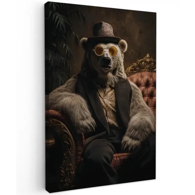 Ijsbeer - Hoed - Bril - Stoel Tuinposter op houten frame 2 cm dik klein -3d