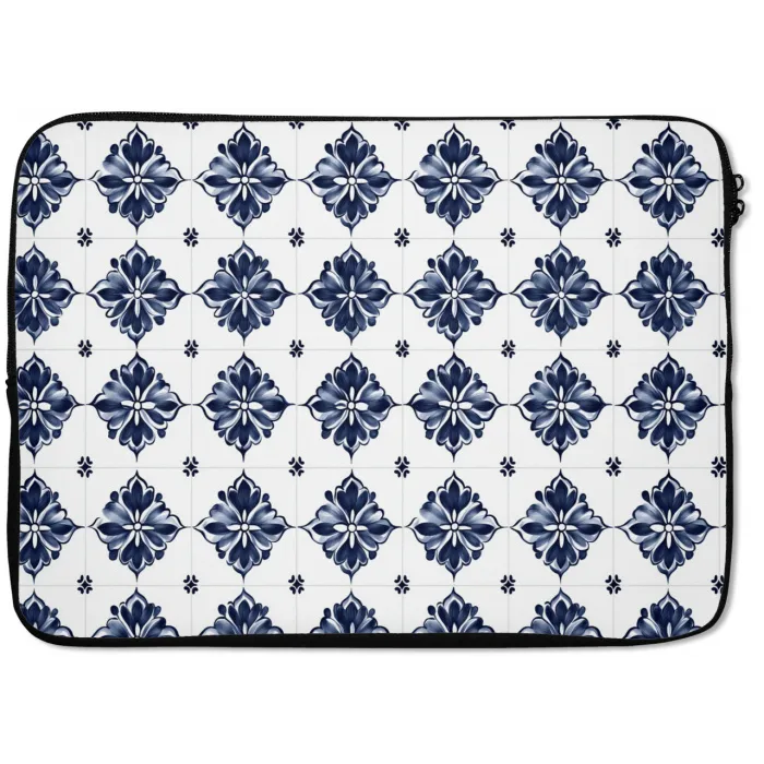 Tegelmotief - Blauw - Wit - Bloem laptophoes neopreen klein 279 -zkaufland3dotto